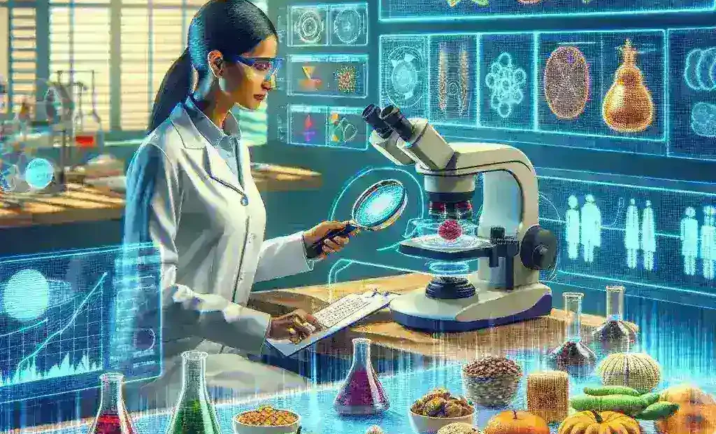 "Spektroskopi untuk analisis gizi makanan tradisional—ilustrasi teknologi pendeteksi kandungan gizi yang modern dalam artikel tentang implementasi teknologi canggih pada makanan tradisional."